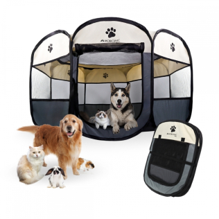 Parque plegable para perros | 101 x 101 x 60cm | 8 ventanas | 2 accesos | Seguro | Cordón elástico | Gris | Scooby | Mobiclinic