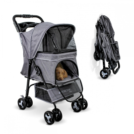 Carrito para perros|Plegable|Ruedas con freno y 360º|3 accesos |Con toldo|Cesta almacenaje y portavasos|Gris|Zuma|Mobiclinic