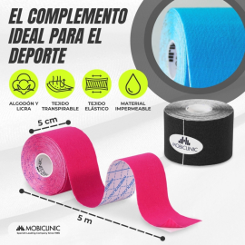 Pack de 4 Kinesiotape | Rosa, Azul, Negro y Beige | Impermeable | Venda neuromuscular | 5mx5cm | Mobitape | Mobiclinic