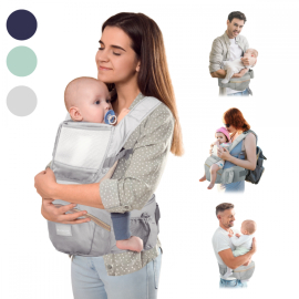 6-in-1-Babytrage | Atmungsaktiv | 0–36 Monate | Verstellbare Träger | Baumwolle | Tasche | Grau | Moley | Mobiclinic