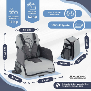 Reisehochstuhl mit Stauraum | Für Babys | Zusammenklappbar | Mit Tasche und Griff | Bis zu 15 kg | Grau | Monkey | Mobiclinic