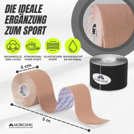 2er Pack Kinesio Tape | Schwarz und Beige | Neuromuskuläre Bandage | 5mx5cm | Modell: Mobitape | Mobiclinic