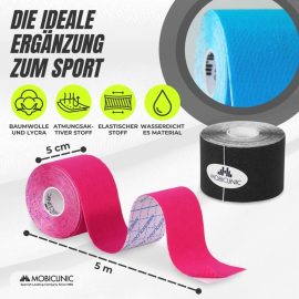 4er Pack Kinesiotape | Rosa, Blau, Schwarz und Beige | Neuromuskuläre Bandage | 5mx5cm | Mobitape | Mobiclinic