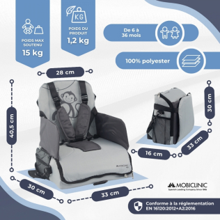 Chaise haute de voyage avec rangement | Pour bébé | Pliable | Avec poche et poignée | Jusqu'à 15 kg | Gris | Monkey | Mobiclinic