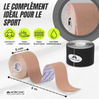 Pack de 2 Kinesiotape | Noir et beige | Bandage Neuromusculaire | 5mx5cm | Mobitape | Mobiclinic