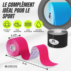 Pack de 4 Kinesiotape | Rose, Bleu, Noir et Beige | Bandage Neuromusculaire | 5mx5cm | Mobitape | Mobiclinic