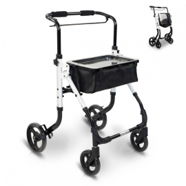 Aluminium rollator | Eengreepsgreep | Met tas en dienblad | 4 wielen | Licht | Wit | Olimpo | Mobiclinic