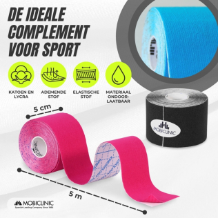 Set van 4 Kinesiotape | Roze, Blauw, Zwart en Beige | Neuromusculaire Bandage | 5mx5cm | Mobitape | Mobiclinic