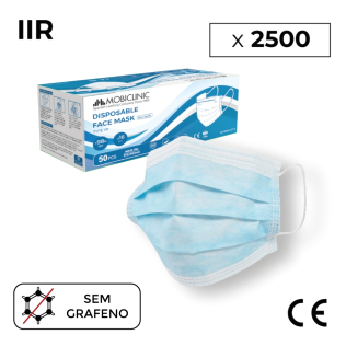 2500 Máscaras Cirúrgicas IIR | 0,10€/und | Sem gráficos | 50 caixas de 50 unidades | 3 camadas | Descartáveis | Mobiclinic