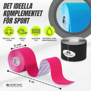 Förpackning med 4 kinesiotejp | Rosa, blå, svart och beige | Neuromuskulärt bandage | 5mx5cm | Mobitape | Mobiclinic